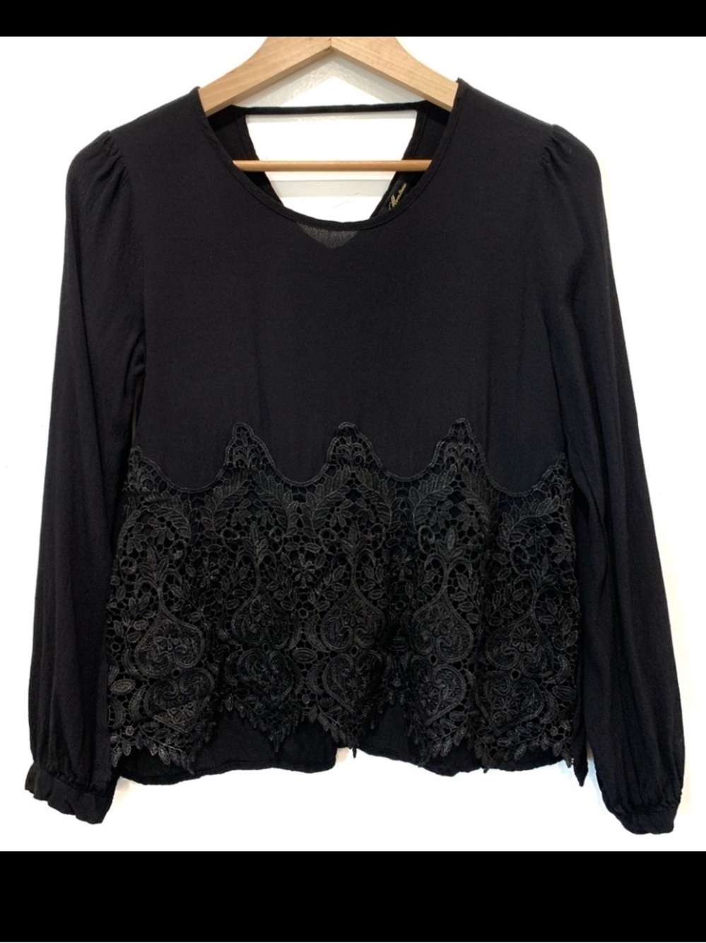 Anthropologie Monteau Black Long Sleeve Lace-Trim Blouse Top